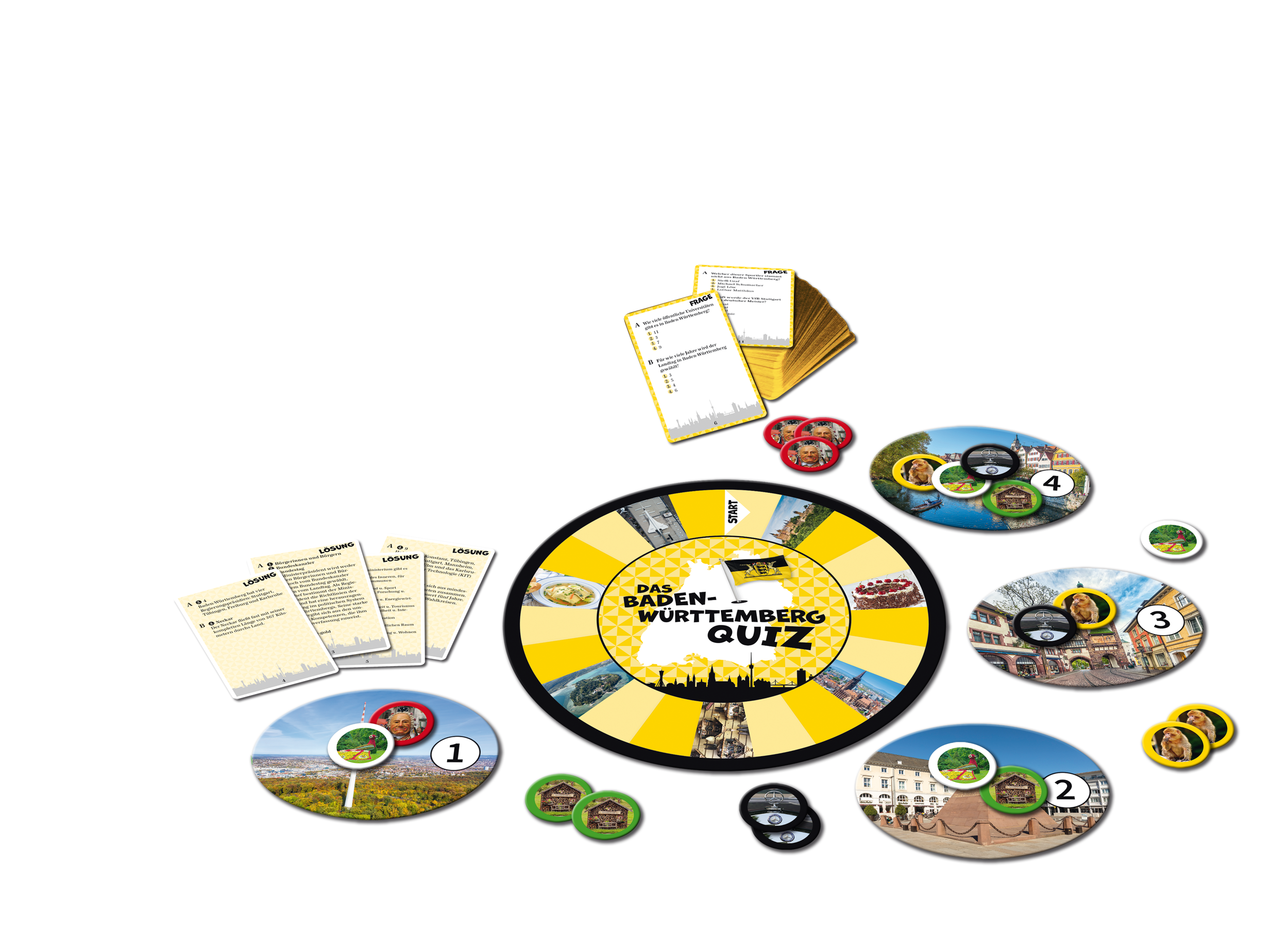 Das Baden-Württemberg-Quiz ist ein Brettspiel mit Karten, runden Spielsteinen, Spielsteinen und einem runden Brett – ideal, um Ihr Wissen über die Region in diesem spannenden Quiz-Erlebnis zu testen.