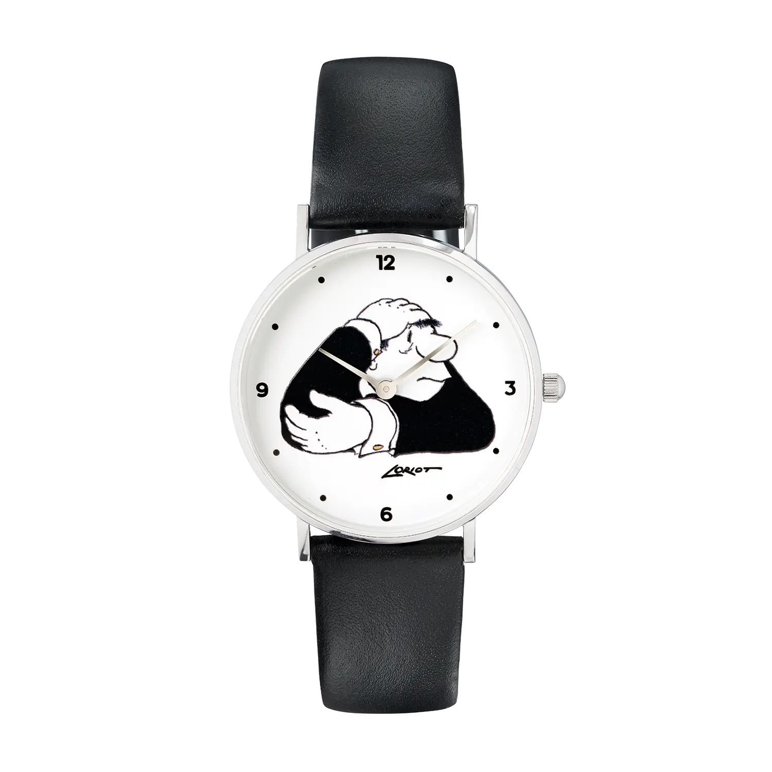 Auf dem Bild ist die Loriot-Armbanduhr „Der Denker“ zu sehen. Das elegante Gehäuse aus Edelstahl umrahmt das Zifferblatt mit dem bekannten Loriot-Motiv, das den Denker zeigt. Das schwarze Lederarmband verleiht der Uhr einen stilvollen Abschluss. Die Uhr liegt auf einem hellen Hintergrund, der die Details und die hochwertige Verarbeitung hervorhebt.