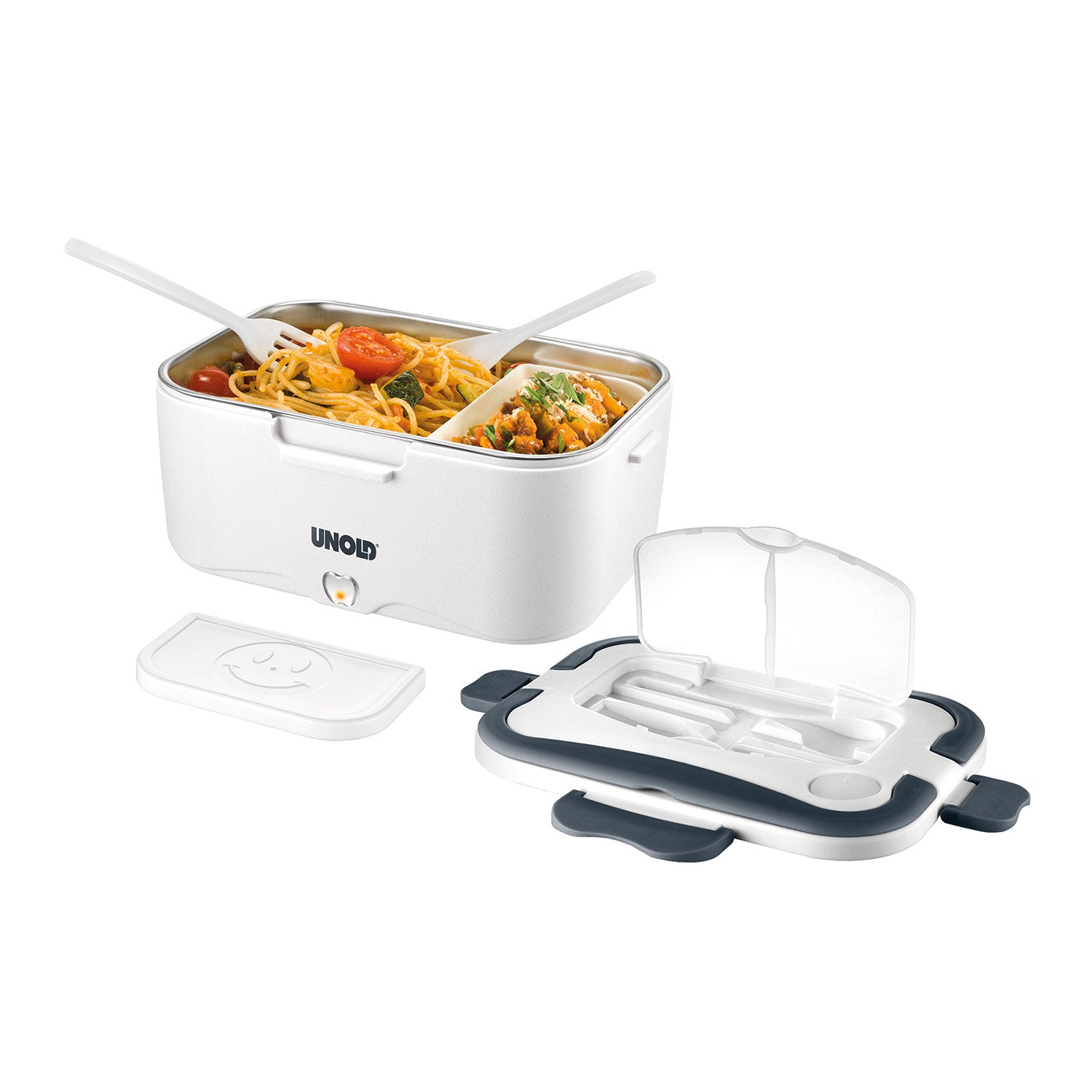 Die Lunchbox mit Wärmefunktion ist eine weiße elektrische Box mit Edelstahlbehälter und Fächern für Nudeln und Soße. Sie verfügt über einen abnehmbaren Deckel mit Griff, eine Aufbewahrungsmöglichkeit für Utensilien und wird mit Gabel, Löffel und einem zusätzlichen Smiley-Deckel zum Warmhalten der Mahlzeiten geliefert.