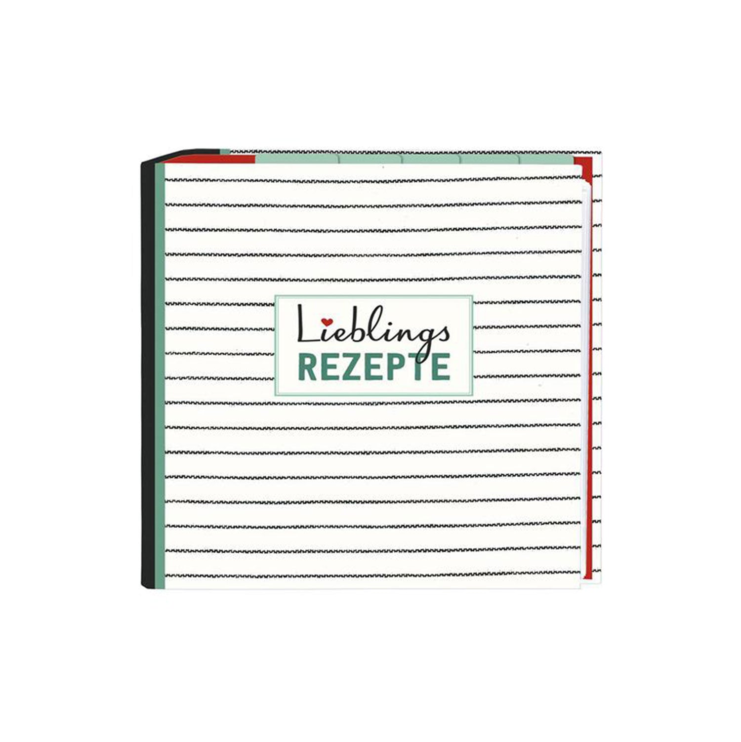 Der Rezeptordner „Lieblingsrezepte“ hat einen weißen Einband mit schwarzen Streifen, „Lieblings Rezepte“ in Grün und Schwarz und einem charmanten roten Herz. Er ist im Landhausstil gestaltet und verfügt über ein Register mit rotem Streifen.