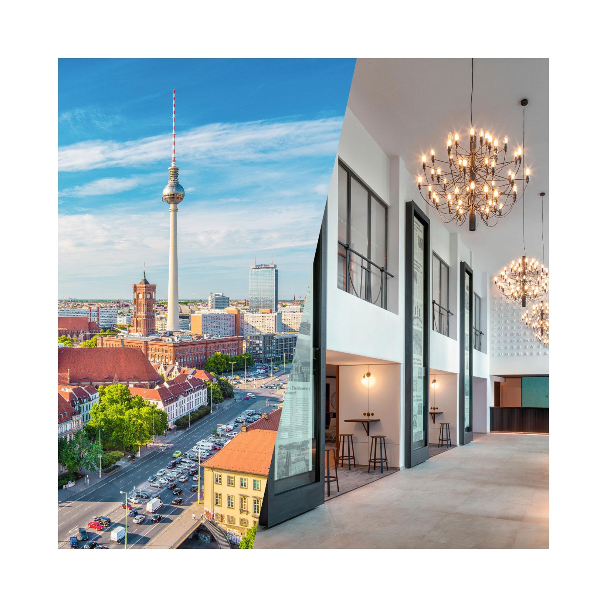 Geteiltes Bild: Die linke Seite zeigt eine lebendige Stadtlandschaft mit dem Berliner Fernsehturm unter blauem Himmel; die rechte Seite enthüllt einen modernen Innenraum mit hohen Decken, großen Fenstern, Barhockern und eleganten Kronleuchtern – ideal für einen Geschenkbox-Städtetrip in eine bezaubernde europäische Stadt.