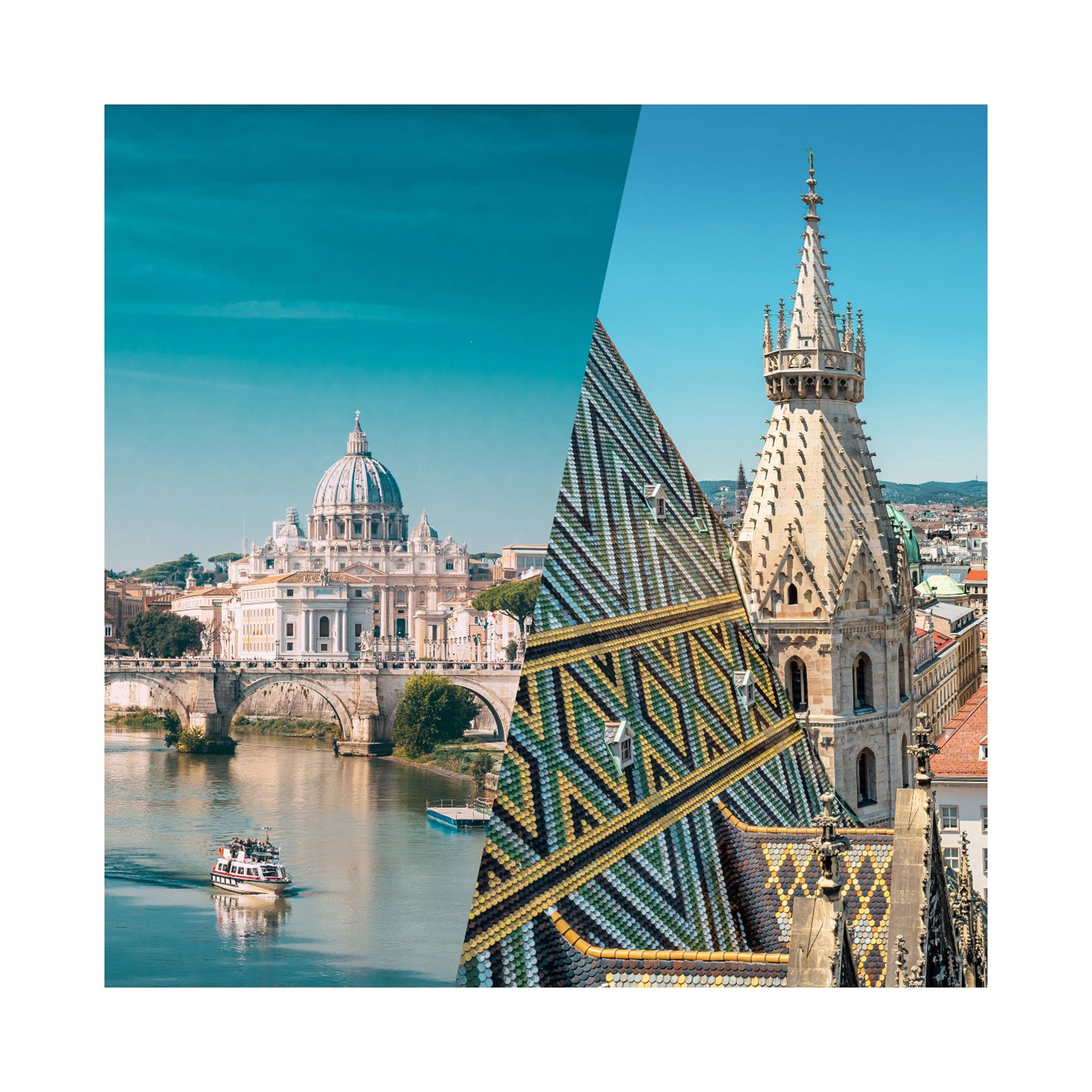 Ein geteiltes Bild zeigt links den Petersdom in der Vatikanstadt mit einem Boot unter blauem Himmel und rechts das leuchtende Dach des Wiener Stephansdoms – perfekte Highlights für ein unvergessliches Abenteuer in der Europäischen Stadt oder für die Geschenkbox-Städtetrip-Liste.