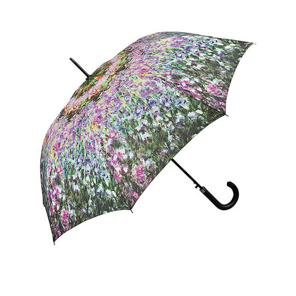 Der Stockschirm „Der Garten“ zeigt ein lebendiges Blumenmuster in Rosa-, Lila- und Grüntönen. Der schwarze, geschwungene Griff hebt sich vor einem schlichten weißen Hintergrund ab und unterstreicht so sein farbenfrohes Design.