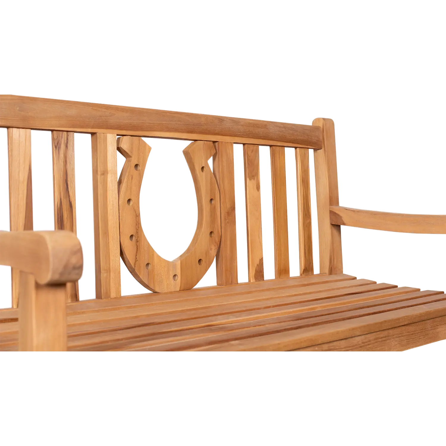 Rückenlehne mit eingearbeitetem Hufeisen-Motiv aus Teakholz