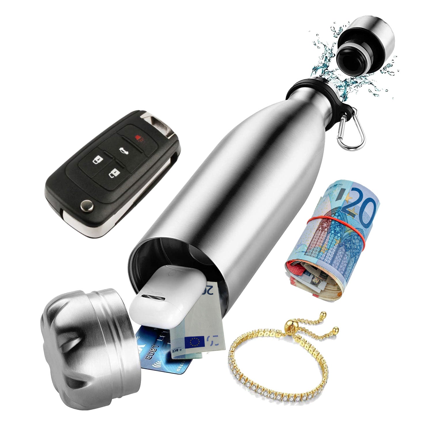 Die Trinkflasche mit Safe, eine clevere Edelstahl-Isolierflasche, verfügt über ein integriertes Fach für USB-Sticks, Kreditkarten und Euro. Es befindet sich inmitten von Autoschlüsseln, Wasserspritzern und einem goldenen Strassarmband – perfekt, um Wertsachen zu sichern, während Sie heiße oder kalte Getränke genießen.
