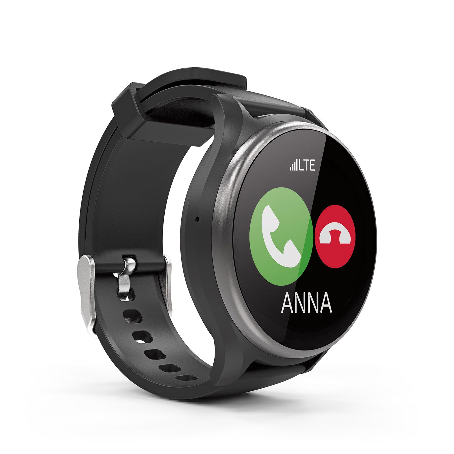 Die emporiaWATCH-LTE, eine schwarze runde Smartwatch namens Uhr mit Telefon- und SOS-Funktion, zeigt einen eingehenden Anruf von „ANNA“ mit grünen und roten Optionen zum Annehmen oder Ablehnen an. Es zeigt den LTE-Signalstatus an, ist bequem zu tragen und bietet eine zuverlässige Notruffunktion.