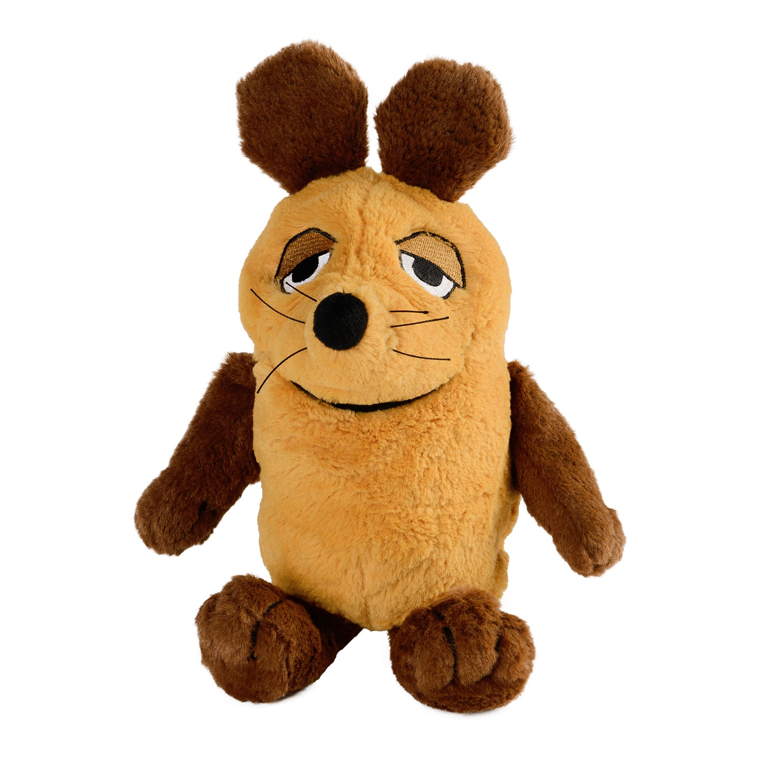 Das Wärmetier, Die Maus Plüschtier ist eine braune Maus mit Schlappohren, einem schläfrigen Gesichtsausdruck, aufgenähten schwarzen Augen, einer kleinen Nase, Schnurrhaaren, kontrastierenden dunkelbraunen Gliedmaßen und einer wohligen Hirsekorn-Lavendel-Füllung. Perfekt zum Kuscheln.