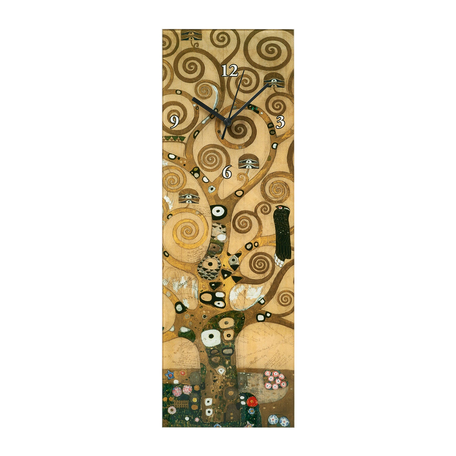 Die Wanduhr „Lebensbaum“ ist eine rechteckige Wanduhr mit einem stilisierten Baum mit geschwungenen Zweigen auf goldenem Hintergrund, schwarzen Zeigern, weißen Ziffern bei 12, 3, 6 und 9 und einem geräuschlosen Quarzuhrwerk.